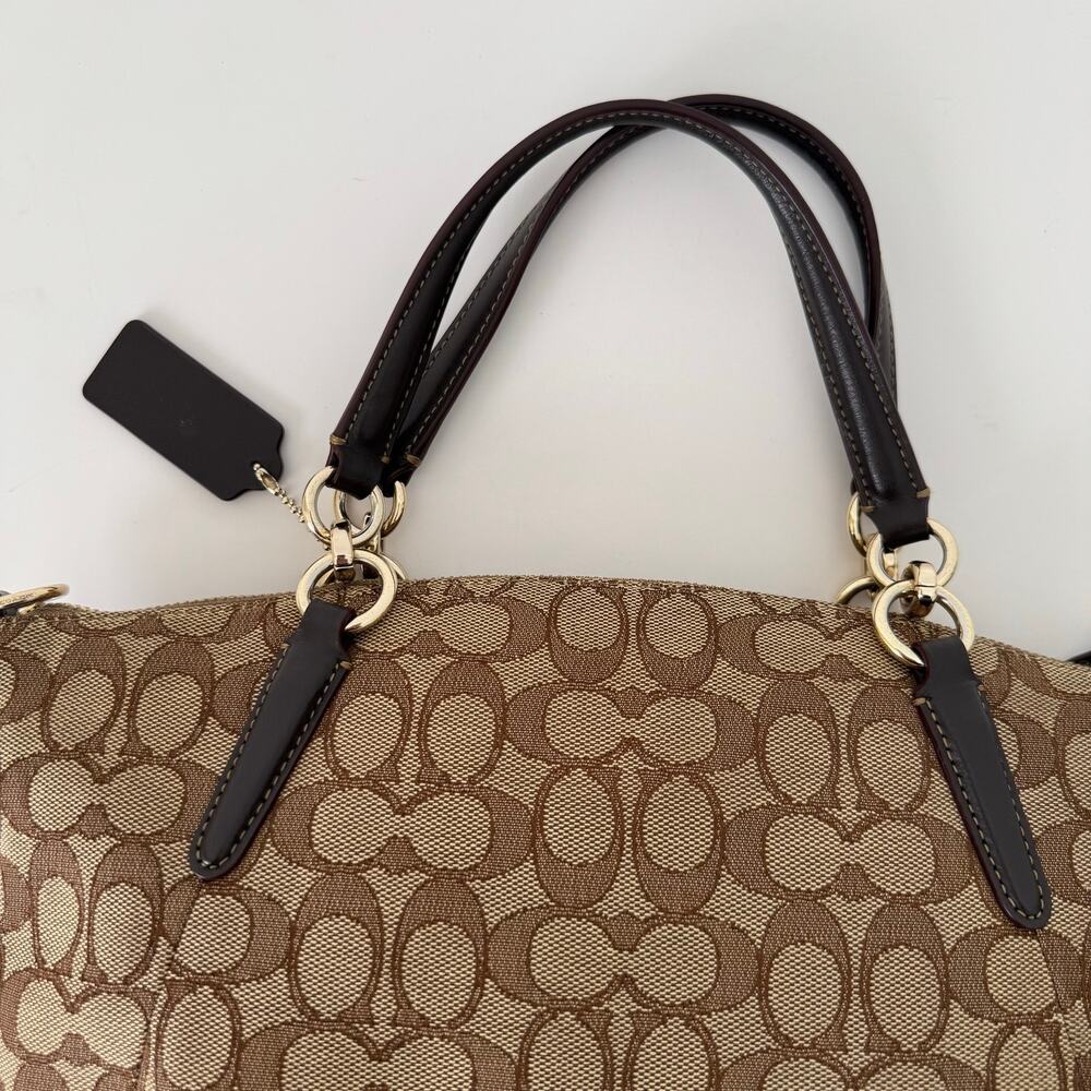 Coach Signature Jacquard Canvas Small Kelsey Satchel Khaki Leather Trim F58283 - Picture 7 of 15